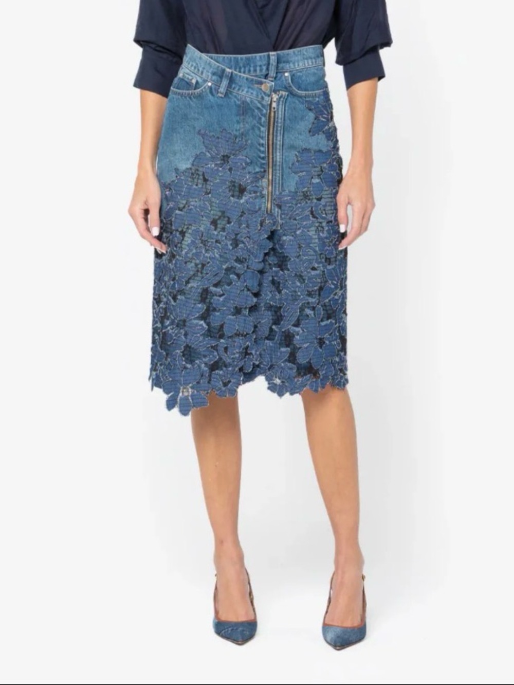 NWOT JBQ Noemie Denim & Floral Lace Midi Skirt Blue Wash Embroidered Overlay